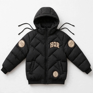 Veste matelassée à capuche HQR noire avec fermeture éclair sur le devant, respirante, coupe-vent, pour l'hiver, unisexe, décontractée, doublure en polaire polyester, veste haute - Product Image 1