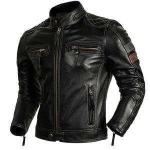 Black Genuine <b>Leather</b> Moto <b>Jacket</b> Stand Collar Zipper Closure Full Sleeve Windproof Casual Outerwear All Seasons - Product Image 1