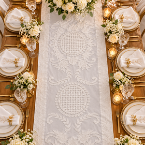 Chemin de table élégant en lin blanc brodé argenté, motif floral ajouré vintage, pour mariages et dîners - Product Image 2