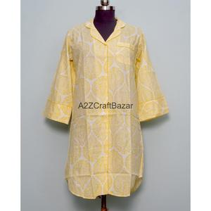 100% Cotton Handmade Block Print Floral Bell Sleeves Turn-down Collar Midi Dress Eco-Friendly Breathable Summer Wear - Product Image 1