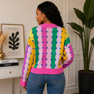 HMR Sisterhood Sorority Cardigan en acrylique tricoté à col en V, motif géométrique couleur bonbon, manches à volants, haut décontracté - Product Image 4