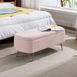 Panca Moderna Grigia in Finta Pelliccia per Ingresso, Panca Contenitore Rosa con Gambe Dorate per Fondo Letto, Letto Imbottito - Product Image 1