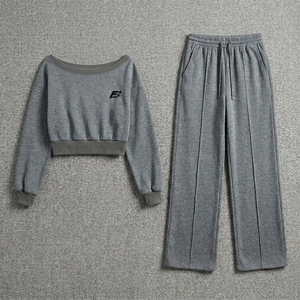 Women’s <b>Off</b> <b>Shoulder</b> Cropped <b>Sweatshirt</b> Set Long Sleeve Pullover Top with Wide Leg Pants Casual Two Piece Outfit <b>Sweatshirt</b> - Product Image 5