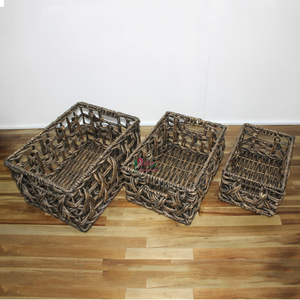 Handmade Rustic Eco Friendly Water Hyacinth Woven <b>Storage</b> Basket Set Shelf <b>Bin</b> <b>Wooden</b> Handles - Product Image 2