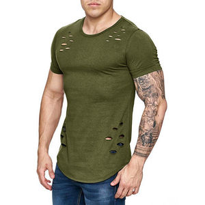 Camiseta de algodón ajustada para hombre, de color liso, cuello redondo, deportiva, para fitness, con efecto rasgado, manga corta, al por mayor, en stock. - Product Image 6