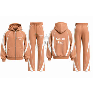 Custom Logo Brown White Color Blocking Tracksuit 100% Set Full <b>Zip</b> <b>Hooded</b> 450 Gsm Sweatshirt Pants - Product Image 5