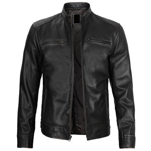 Nouvelle veste moto en cuir véritable pour homme, de haute qualité, col montant, fermeture éclair sur le devant, couleur unie, vêtement d'extérieur décontracté pour l'automne - Product Image 5