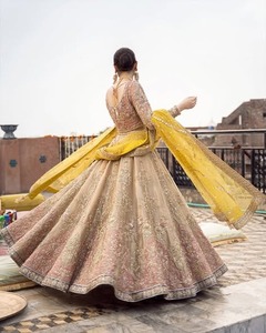 Élégante Robe de Soirée Traditionnelle en Soie Beige Jaune Brodé, Prête à Porter, pour Mariage et Fêtes, Style Lehenga Choli, pour Femmes d'Inde et du Pakistan - Product Image 2