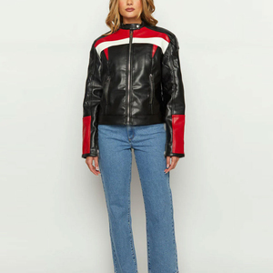 Blouson Moto Femme en Cuir PU de Qualité Supérieure 2026 – Col Montant Color Block, Manches Longues, Fermeture Éclair – Idéal Automne - Product Image 4