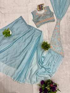 Sari en soie Rangoli bleu ciel élégant prêt à porter avec broderie et travail de perles semi-émaillées |   Chemise de créateur entièrement cousue - Product Image 5