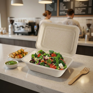 Caja desechable de bagazo tipo clamshell de 6x6 pulgadas |   Contenedor de Alimentos para Llevar, Ecológico y Compostable, Hecho de Pulpa de Caña de Azúcar, para Uso en Restaurantes - Product Image 1