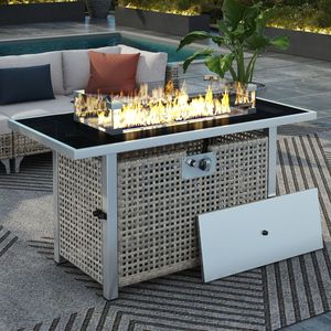Tavolo con Braciere a Gas Propano K K 43 Pollici, 60000 BTU, Rettangolare, in Vimini Intrecciato con Protezione Vento in Vetro per Bracieri da Patio - Product Image 1