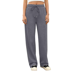 Pantalones de chándal anchos grises para mujer, de cintura media con cordón, ajuste holgado, de algodón rizado, informales, de largo completo, para invierno - Product Image 3