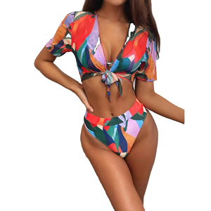 Conjunto de Bikini con Estampado Animal para Mujer, Cintura Alta, Parte Inferior Asimétrica con Drapeado, Logotipo Frontal, Spandex, Poliéster, Dos Piezas Elásticas, Escote en V Profundo - Product Image 3