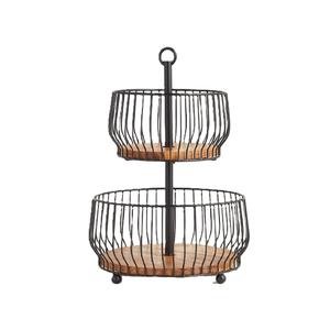Classic Double Tier Metal Wire Storage <b>Basket</b> With Wooden Base Rustic Kitchen Organizer <b>Stackable</b> Design For Neatening - Product Image 1