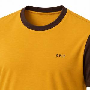 T-shirt à manches courtes jaune moutarde pour homme avec manches contrastées marron et rayures blanches, col rond, coupe décontractée - Product Image 4