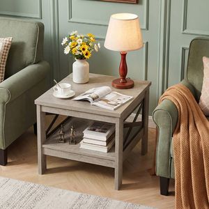 Mesa Auxiliar Cuadrada de 2 Niveles con Estante de Almacenamiento y Mesas de Consola con Estructura en X para Dormitorio o Sala de Estar - Product Image 3