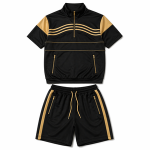 Conjunto Deportivo de Verano para Hombre, a Rayas, de Alta Calidad, Personalizable, de Secado Rápido, Transpirable, con Top de Manga Corta y Media Cremallera, y Pantalones Cortos para Gimnasio - Product Image 1