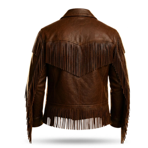 Men's Brown Genuine Leather <b>Fringe</b> <b>Jacket</b> With Turn-down Collar Single Breasted Vintage Style Autumn Wear - Product Image 5