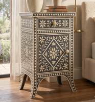 Nachttisch mit Knochenintarsien im Blumendesign mit individuellem Logo / Maßgefertigte Knochenintarsien zum Großhandelspreis, hergestellt in Indien