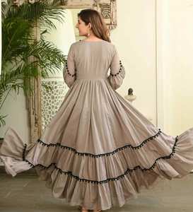 Cross-border French Niche Vintage Wave <b>Pattern</b> Stitching Lace-up Lantern Sleeve <b>Tight</b> Waist Summer Anti-Static Wear Maxi Dress - Product Image 2