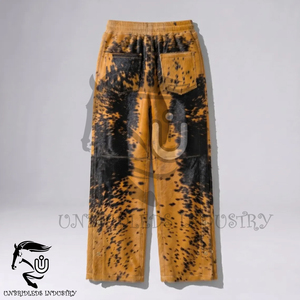 Pantalon évasé en cuir de vachette fait main noir moutarde avec poils, style urbain pour homme, respirant, coupe-vent, style western - Product Image 4