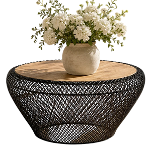 Industrieller & Rustikaler Couchtisch aus Natürlichem Mangoholz mit Kombinierter Metallplatte in Matt Schwarz für Wohnzimmer und Heimbüro - Product Image 4