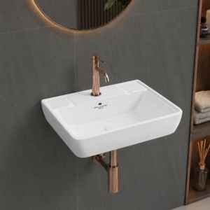 Lavabo mural en céramique blanche, lavabo de salle de bain moderne, lavabo à robinet monotrou, lavabo mural suspendu - Product Image 1