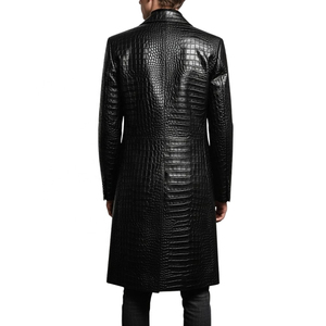Abrigo Largo de Cuero Genuino Negro para Hombre, Solapa con Muescas, Cierre de un Solo Botón, Manga Regular, Patrón de Cocodrilo Repujado - Product Image 6