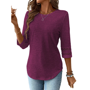 Women's Purple <b>Long</b> <b>Sleeve</b> Lace Trim Blouse Solid Color Round Neck Pullover <b>Top</b> for Daily Wear - Product Image 1