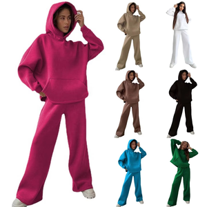 Women Tracksuit <b>Set</b> Hooded <b>Sweater</b> Wide Leg Pants Solid Color Casual Loose Fit Full Sleeve Autumn Wear 100 Cotton - Product Image 1