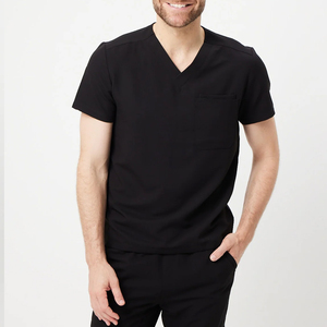 Men's Black V-Neck Cotton <b>Scrub</b> <b>Top</b> with Needle Detection and Seamless Fusing for Hospital Use Professional Workplace Uniform - Product Image 1