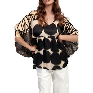 Blusa de Mujer con Estampado Abstracto, Cuello en V, Manga Ancha, Corte Regular, Gasa con Volantes, Informal, ODM, Ligera y Moderna - Product Image 1