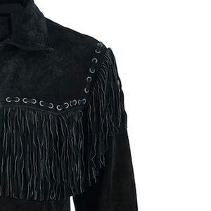 Premium Black Genuine <b>Suede</b> Leather <b>Men</b> Fringe <b>Jacket</b> Turn Down Collar Zipper Closure Ranch <b>Jacket</b> OEM Wholesale Customization - Product Image 5