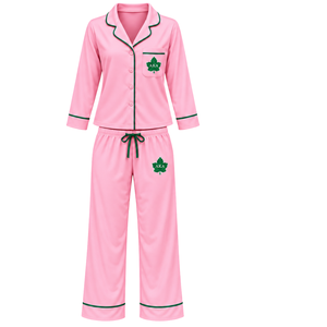 <b>Pink</b> Sorority Sleepwear Set with Green Embroidered Crest Button Down <b>Long</b> <b>Sleeve</b> <b>Top</b> and Elastic Waist Pants Women - Product Image 1