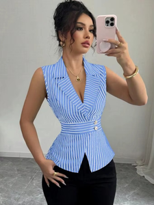 Women's Casual Business Style <b>Top</b> with V-neck Neckline Cinched Waist Spring Formal Woven Shirt Button Decoration Short Length - Product Image 3
