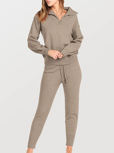 Women's 100% Cotton <b>Two</b>-<b>Piece</b> <b>Lounge</b> <b>Sets</b> Long Sleeve Half Zip Winter Tracksuit & Sweatpants with Breathable Jogger - Product Image 3