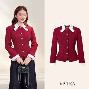 เสื้อเบลเซอร์สีแดงสำหรับผู้หญิง แขนยาว ปกคอโอแบบถอดได้ กระดุมแถวเดียว ตกแต่งด้วยกระดุม ป้องกันไฟฟ้าสถิตย์ สไตล์ออฟฟิศ KIVRA - Product Image 1