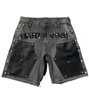 Shorts en jean baggy pour homme, style streetwear, avec logo personnalisé imprimé, patch en cuir, broderie, délavage vintage, strass James - Product Image 1