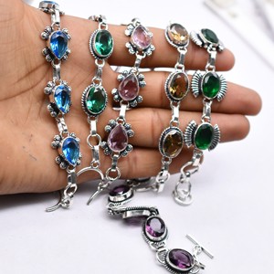 Mixed <b>Gemstone</b> <b>Bracelet</b> Assortment Silver Plated Oval Cut Artisan B2B Lot - Product Image 1