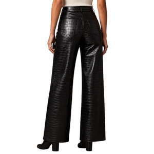 Pantalon palazzo à jambes larges en cuir véritable noir gaufré crocodile, taille haute - Product Image 4