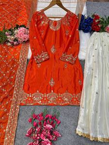 Ensemble Kurta Sharara brodé orange de créateur pour femmes, Salwar Kameez pakistanais haut de gamme avec Dupatta, tenue de fête de mariage - Product Image 5