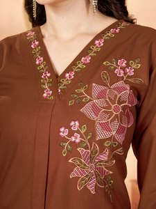 Women's Brown Cotton Embroidered <b>Kurta</b> Set Regular Fit Casual <b>Indian</b>/Pakistani Style Ankle-Length Traditional Wear Quick Dry - Product Image 4