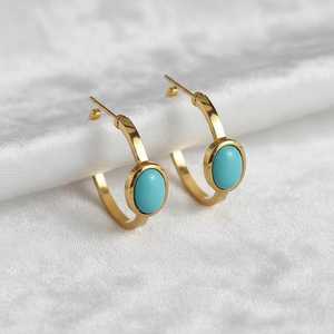 Boucles d'oreilles créoles Sleeping Beauty turquoise en argent sterling 925 plaqué or 14 carats, style minimaliste bohème, bijoux pierre de naissance de décembre - Product Image 4