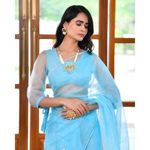 ผ้าคลุมไหล่ปักลายสีน้ำเงินวาฬ ผ้าออร์แกนซ่า ฟรีไซส์ สำหรับสวมกับส่าหรี - Product Image 1