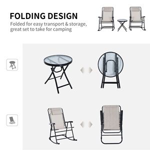 Set Bistrot a Dondolo in 3 Pezzi Bianco Crema con Sedie Pieghevoli in Ferro e Tavolino in Vetro per Uso Esterno in Giardino, Patio o Terrazza - Product Image 4
