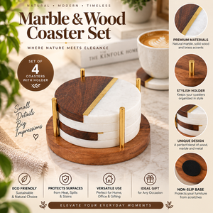 Marble Wood <b>Coaster</b> <b>Set</b> of 4 with Holder for Tea Coffee Cups | Round Drink Mats with Brass Accent for Home Table Decor and Gifts - Product Image 5