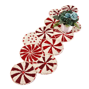 Handmade Cotton Beaded <b>Table</b> <b>Runner</b> Red <b>White</b> Christmas Holiday Dining Decor Centerpiece - Product Image 3