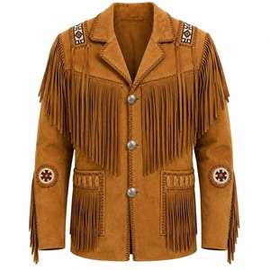 Men's Brown Suede Leather <b>Jacket</b> Fringe Beaded Embroidery Vintage <b>Western</b> Style Stand Collar Regular Fit Winter Wear High Front - Product Image 1