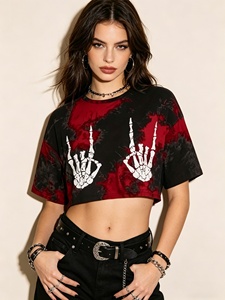 Women's Tie Dye Skeleton Hand Print <b>Crop</b> <b>Top</b> Short Sleeve Crew Neck Punk Style T-Shirt Loose Fit Spring Summer Tee - Product Image 4